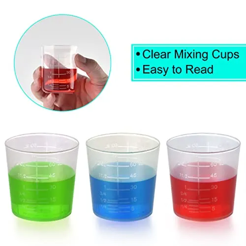 100 Pack 60ml/2oz Plastic Graduated Cups Transparent Scale Cups Plastic Measuring Cups Clear Epoxy Mixing Cups with 100 Pack Wooden Stirring Sticks