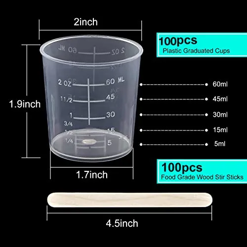 100 Pack 60ml/2oz Plastic Graduated Cups Transparent Scale Cups Plastic Measuring Cups Clear Epoxy Mixing Cups with 100 Pack Wooden Stirring Sticks