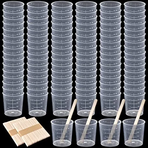 100 Pack 60ml/2oz Plastic Graduated Cups Transparent Scale Cups Plastic Measuring Cups Clear Epoxy Mixing Cups with 100 Pack Wooden Stirring Sticks