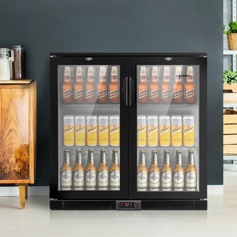 198L Double Door Bar Fridge, LED, Lock, Black - Devanti