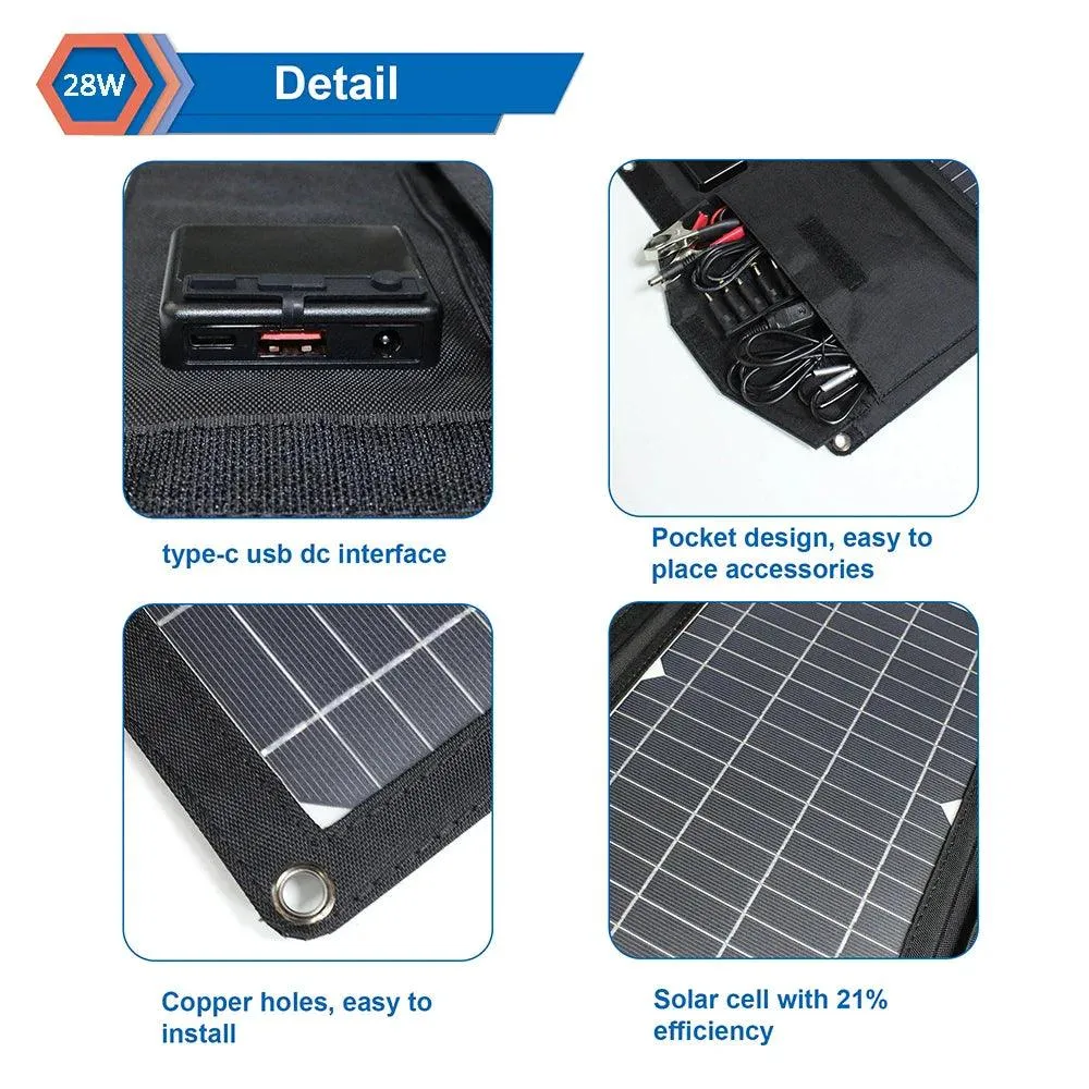 28W Portable Solar Panel Charger with Dual USB Ports - Foldable & Lightweight for Camping and Outdoor Adventures