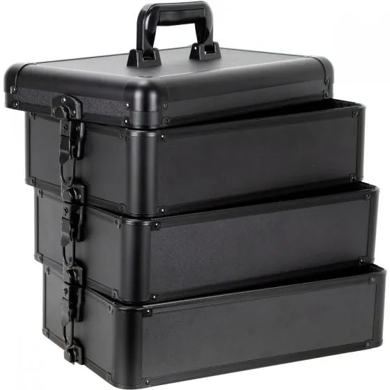 3-Tiers Accordion Trays Professional Rolling Aluminum Cosmetic Makeup Case And Stackable Trays With Dividers