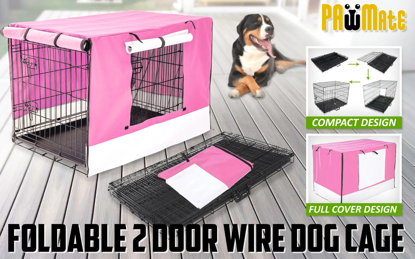 36in Collapsible Wire Dog Crate with Pink Waterproof Cover