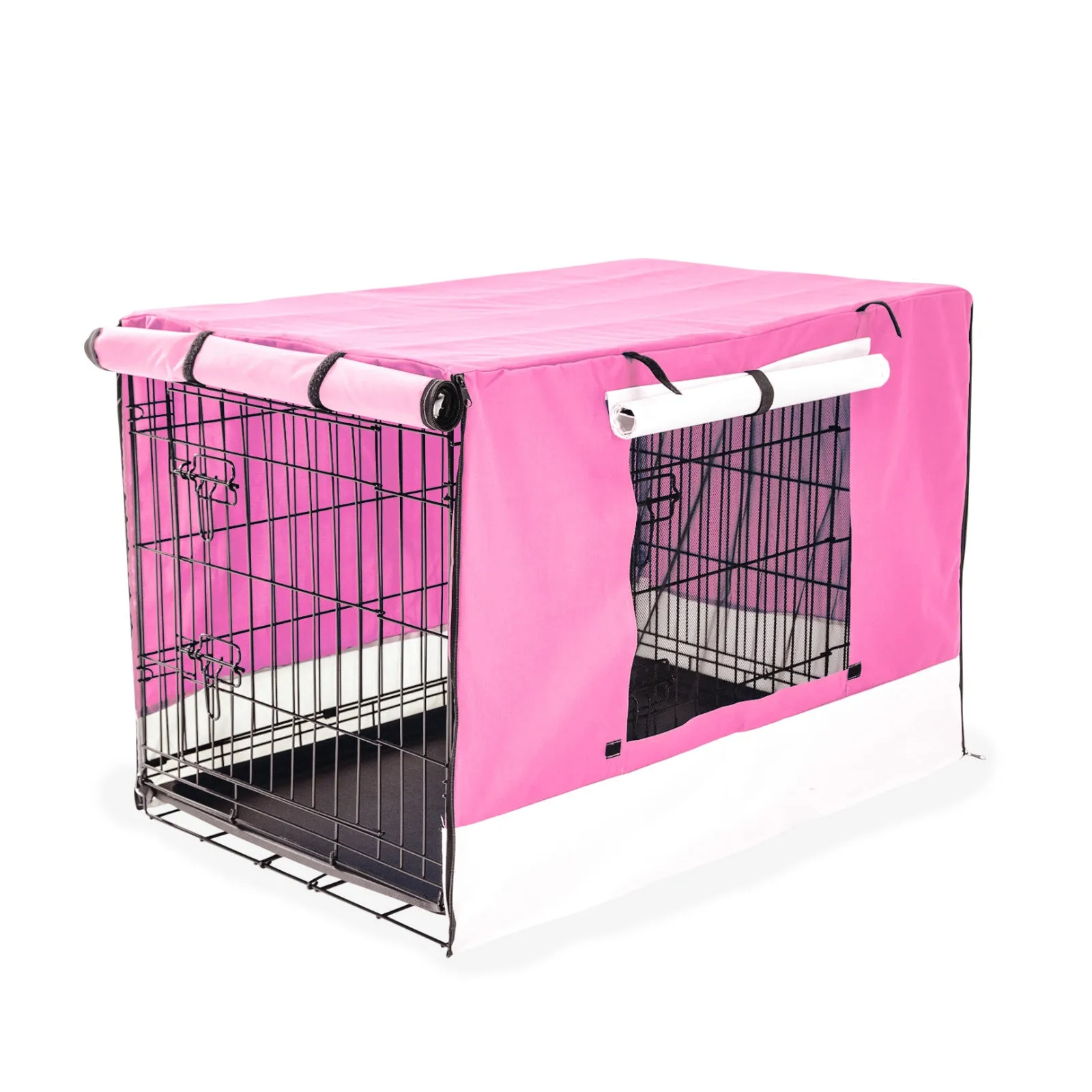 36in Collapsible Wire Dog Crate with Pink Waterproof Cover