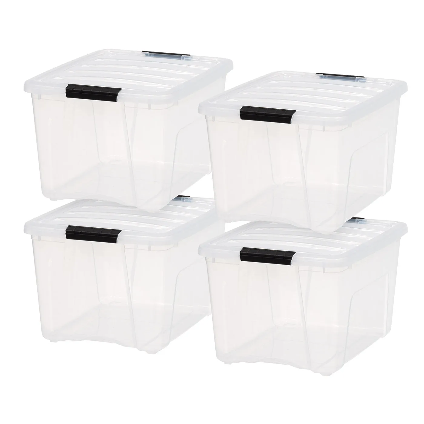 40 Qt. Plastic Storage Bin Tote Organizing Container with Durable Lid and Secure Latching Buckles, Stackable and Nestable, 4 Pack, Clear with Black Buckle