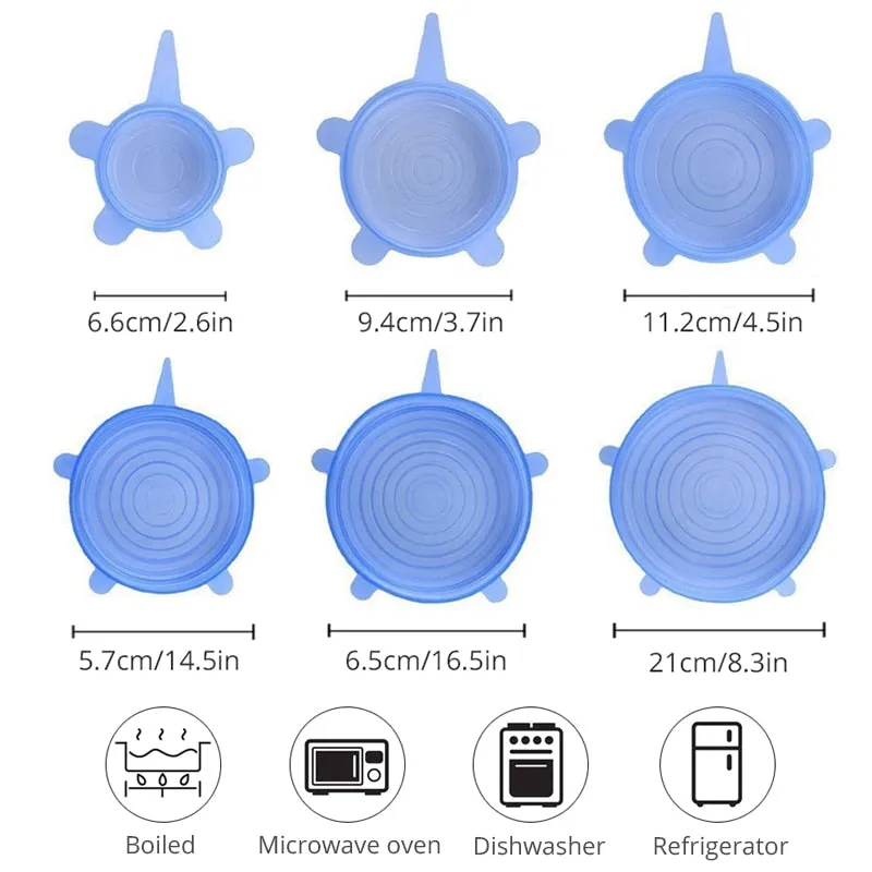 6 Pcs Silicone Stretch Lids Reusable Airtight Food Wrap Covers Keeping Fresh Seal Bowl Stretchy Wrap Cover Kitchen Cookware