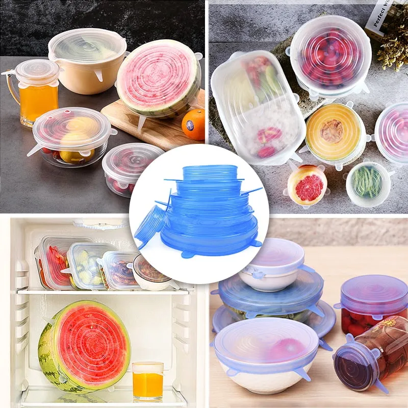 6 Pcs Silicone Stretch Lids Reusable Airtight Food Wrap Covers Keeping Fresh Seal Bowl Stretchy Wrap Cover Kitchen Cookware