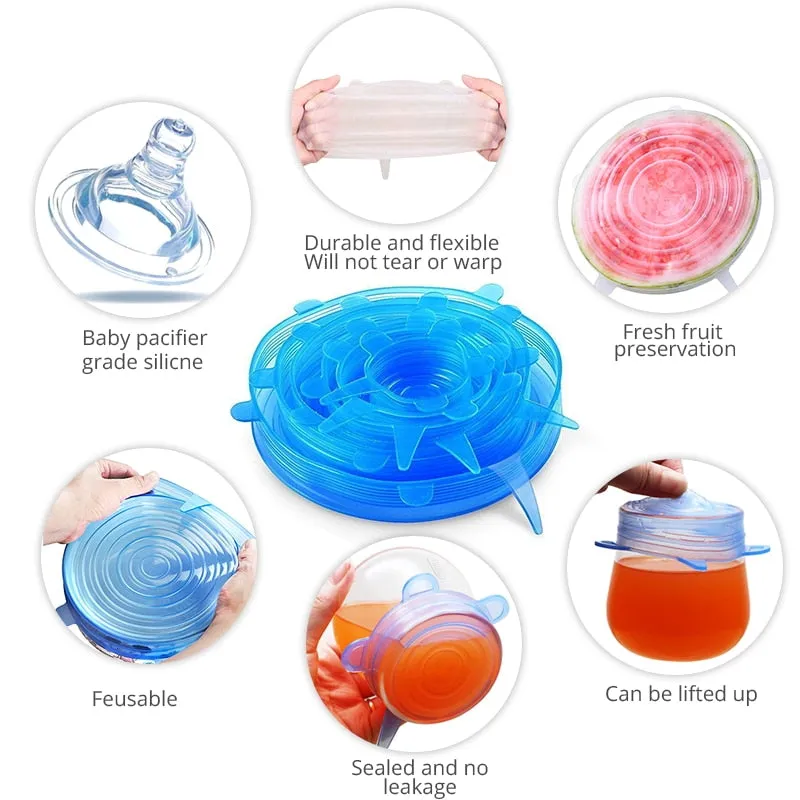 6 Pcs Silicone Stretch Lids Reusable Airtight Food Wrap Covers Keeping Fresh Seal Bowl Stretchy Wrap Cover Kitchen Cookware