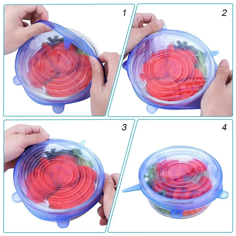 6 Pcs Silicone Stretch Lids Reusable Airtight Food Wrap Covers Keeping Fresh Seal Bowl Stretchy Wrap Cover Kitchen Cookware