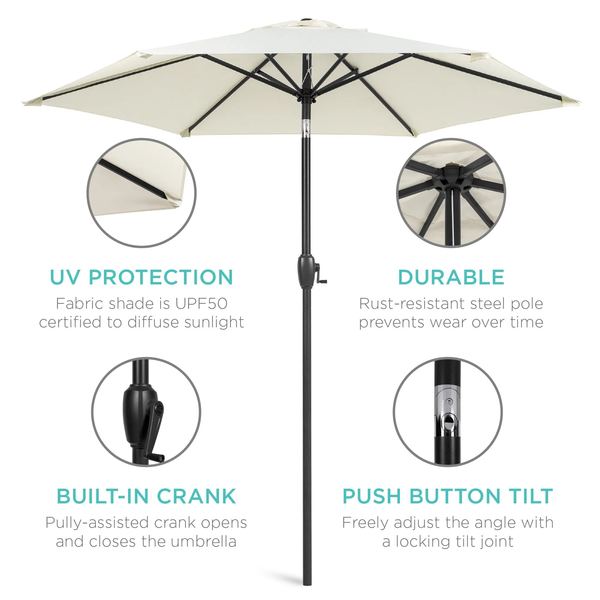 7.5ft Outdoor Market Patio Umbrella w/ Push Button Tilt, Crank Lift