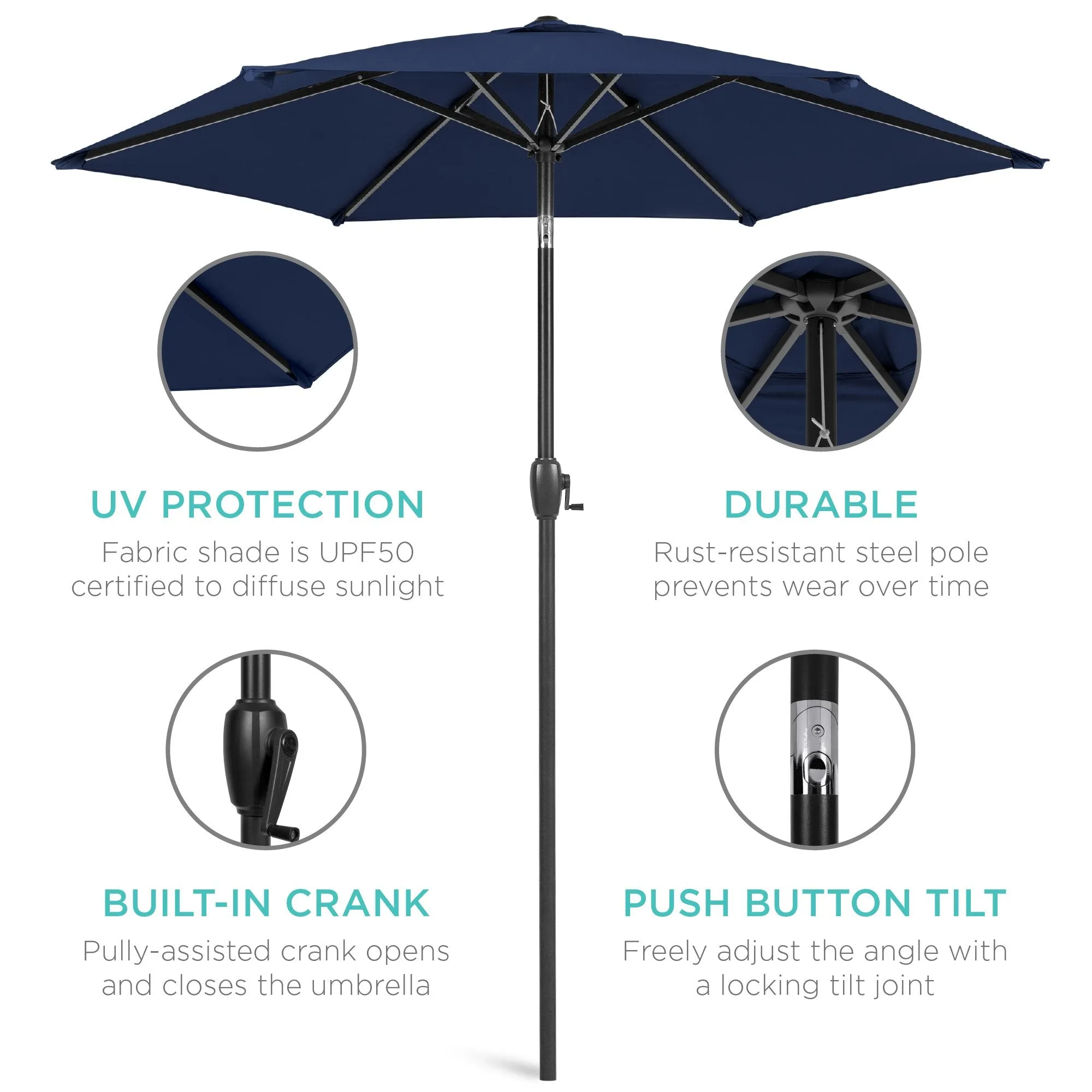 7.5ft Outdoor Market Patio Umbrella w/ Push Button Tilt, Crank Lift