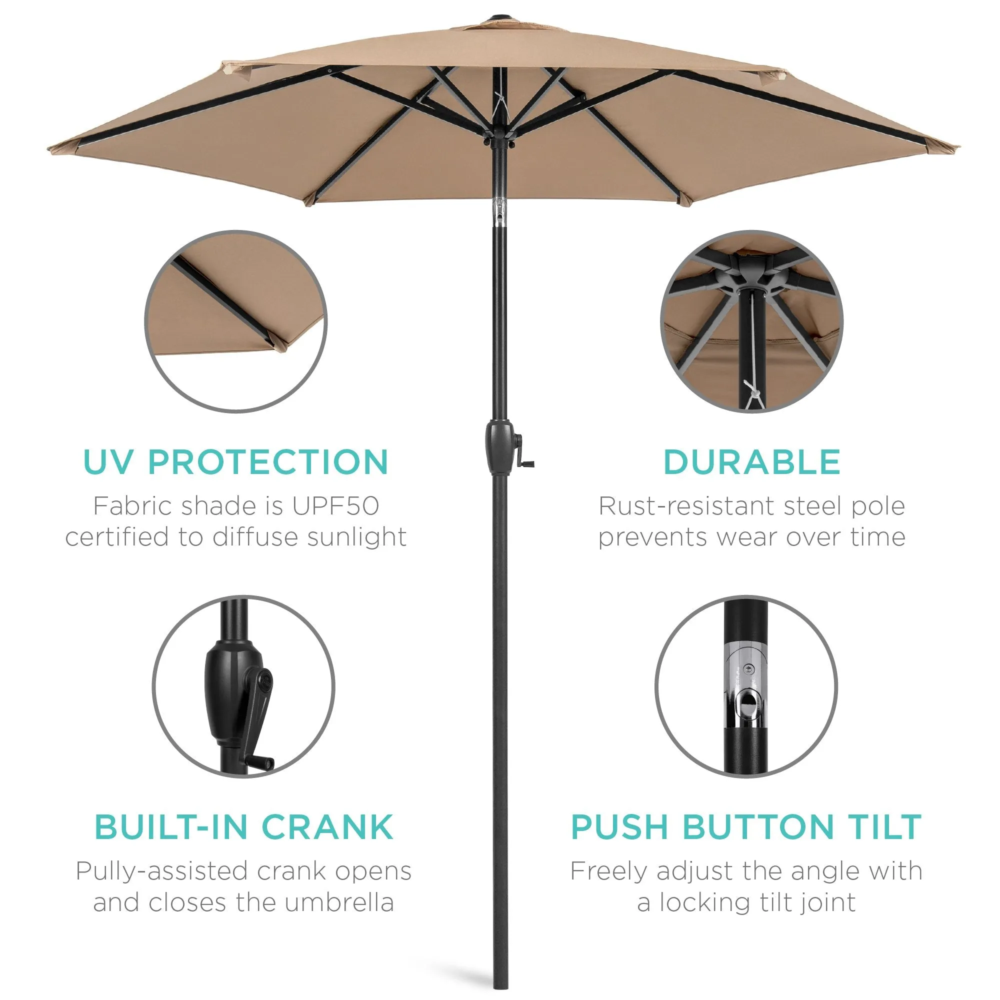 7.5ft Outdoor Market Patio Umbrella w/ Push Button Tilt, Crank Lift