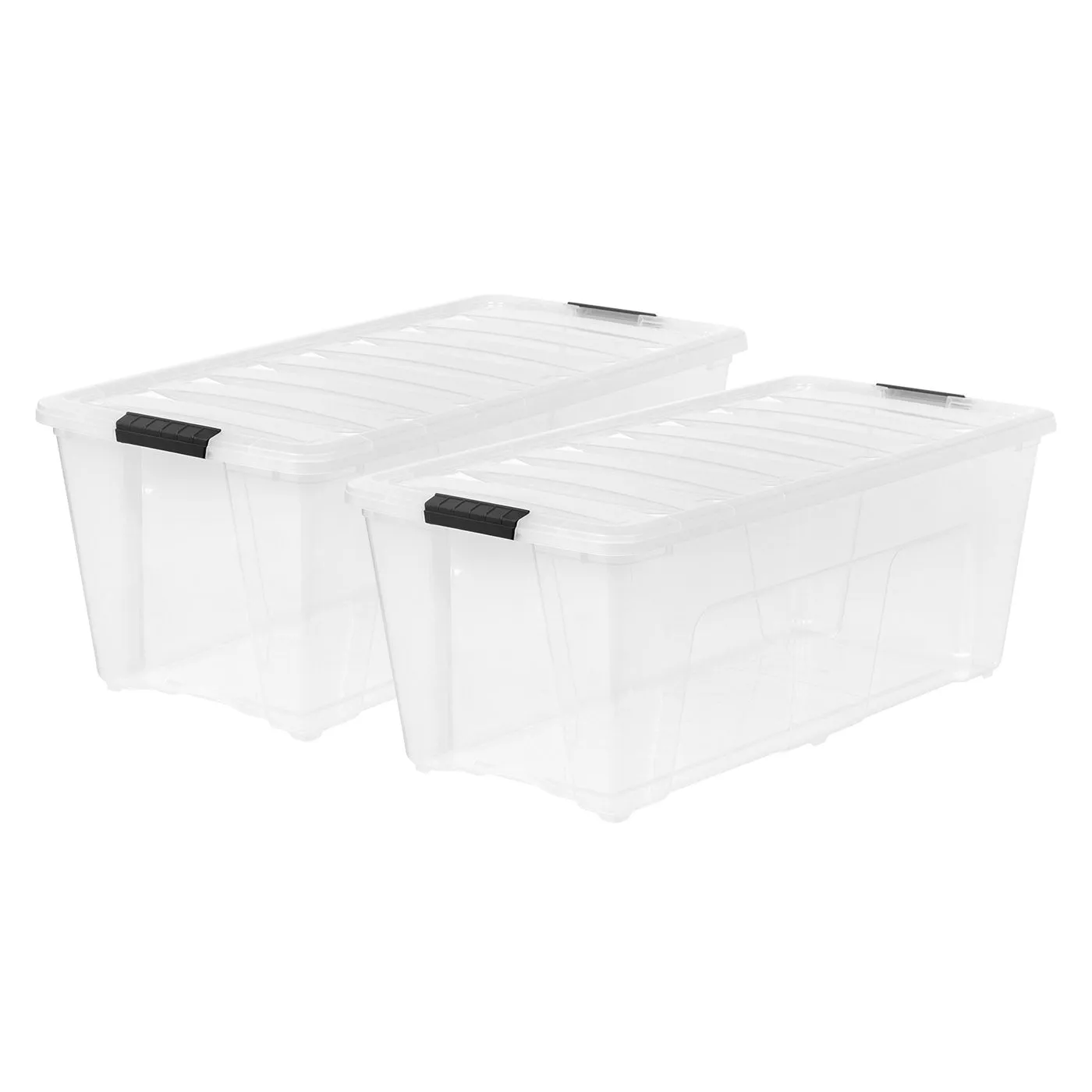 84 Qt. Plastic Storage Bin Tote Organizing Container with Durable Lid and Secure Latching Buckles, Stackable and Nestable, 2 Pack, clear with Black Buckles