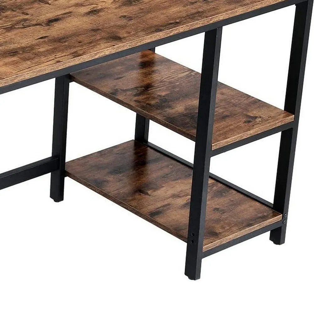 Ann 55 Inch Office Writing Computer Desk, Rustic, 2 Shelves, Steel, Brown By Casagear Home