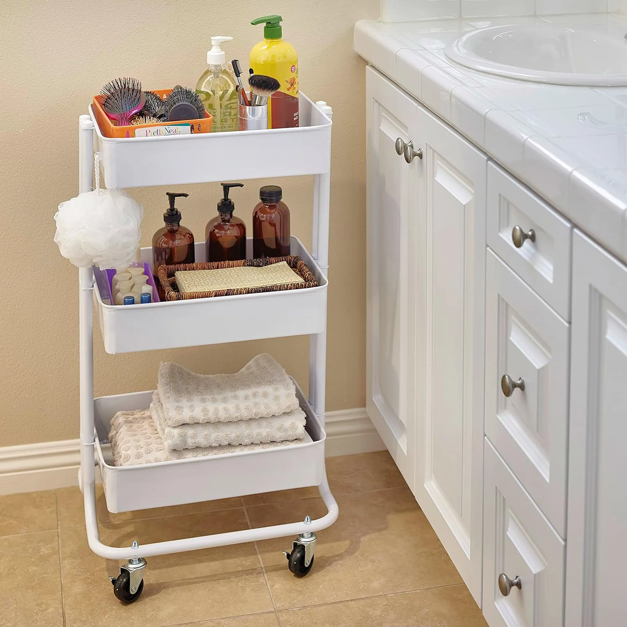 Aqua 3 Tier Kitchen Storage Rack With Wheels - White