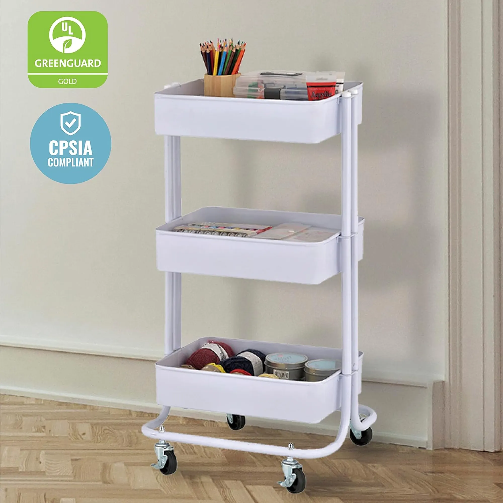 Aqua 3 Tier Kitchen Storage Rack With Wheels - White