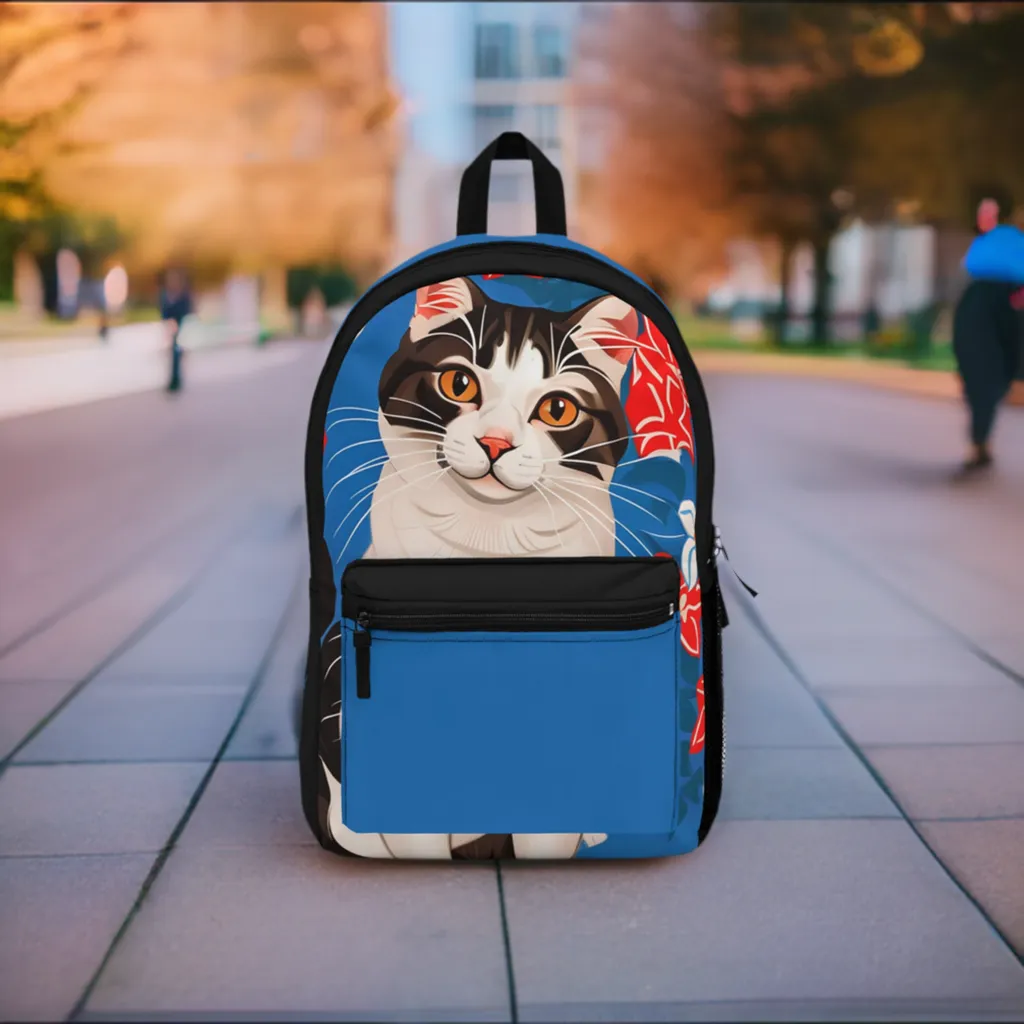 Cat with Red and White Flowers, Backpack with Computer Pocket and Padded Back