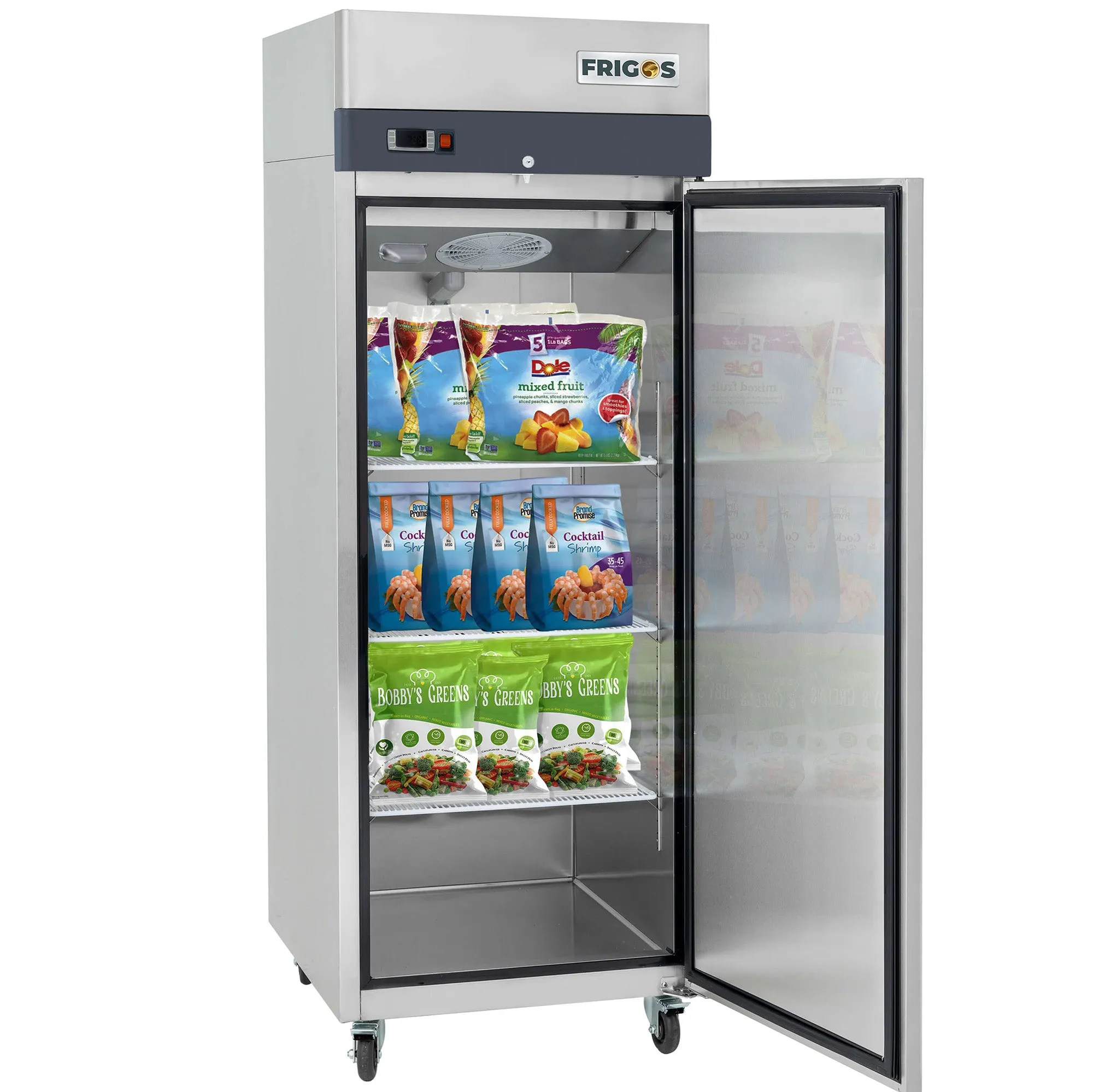 Commercial Reach in Freezer 1 Section Solid Door, 23 Cu Ft Frigos Premium FGP-FZ-1D Stainless Steel Interior and Exterior