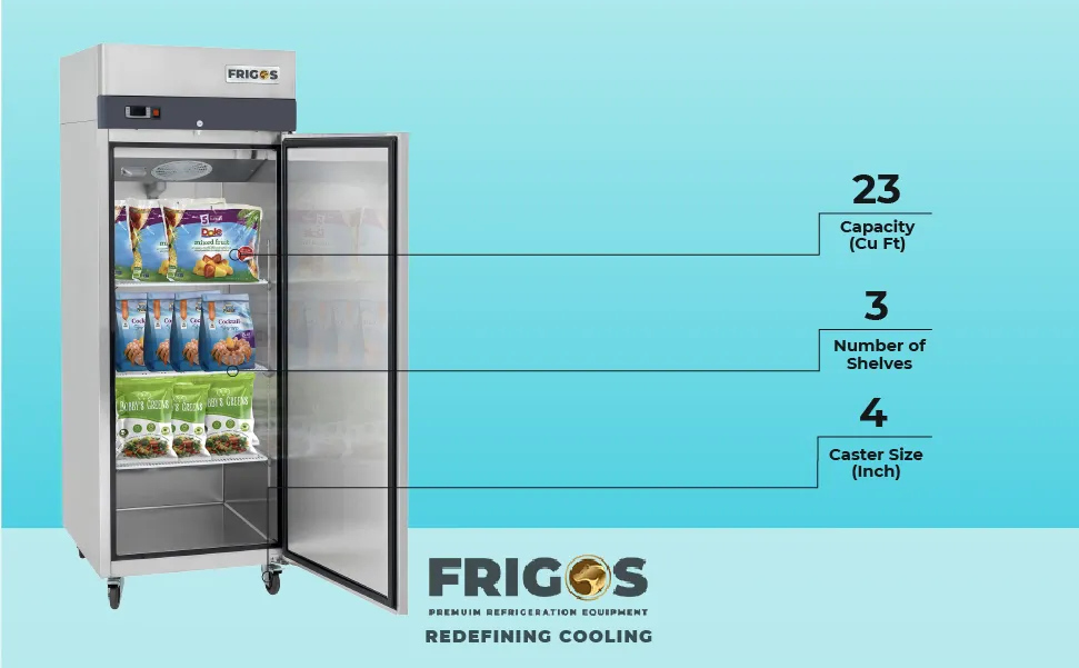 Commercial Reach in Freezer 1 Section Solid Door, 23 Cu Ft Frigos Premium FGP-FZ-1D Stainless Steel Interior and Exterior