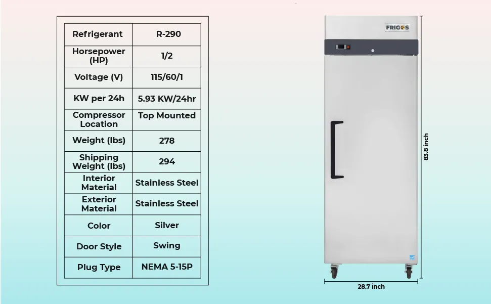 Commercial Reach in Freezer 1 Section Solid Door, 23 Cu Ft Frigos Premium FGP-FZ-1D Stainless Steel Interior and Exterior