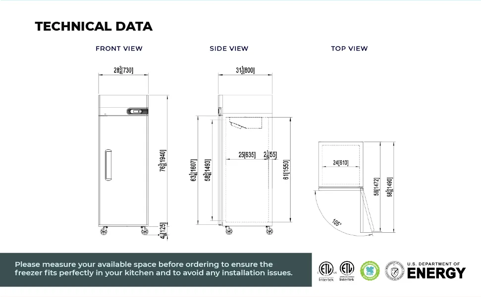 Commercial Reach in Freezer 1 Section Solid Door, 23 Cu Ft Frigos Premium FGP-FZ-1D Stainless Steel Interior and Exterior