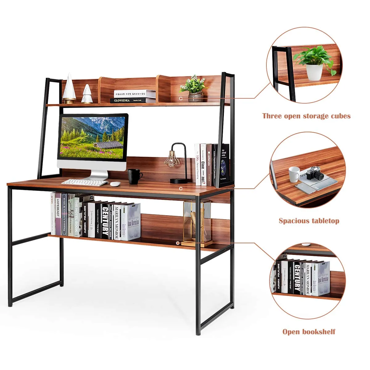 Computer Desk with Hutch & Bookshelf, 47 Inches Space Saving Writing Study Table Home Office Desk