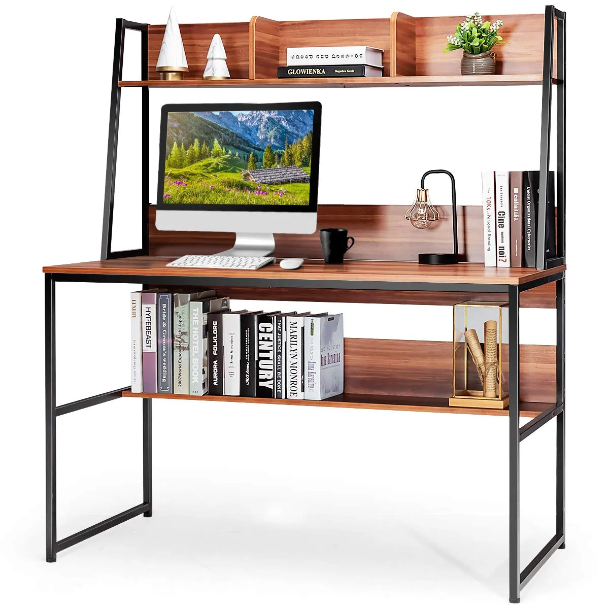 Computer Desk with Hutch & Bookshelf, 47 Inches Space Saving Writing Study Table Home Office Desk