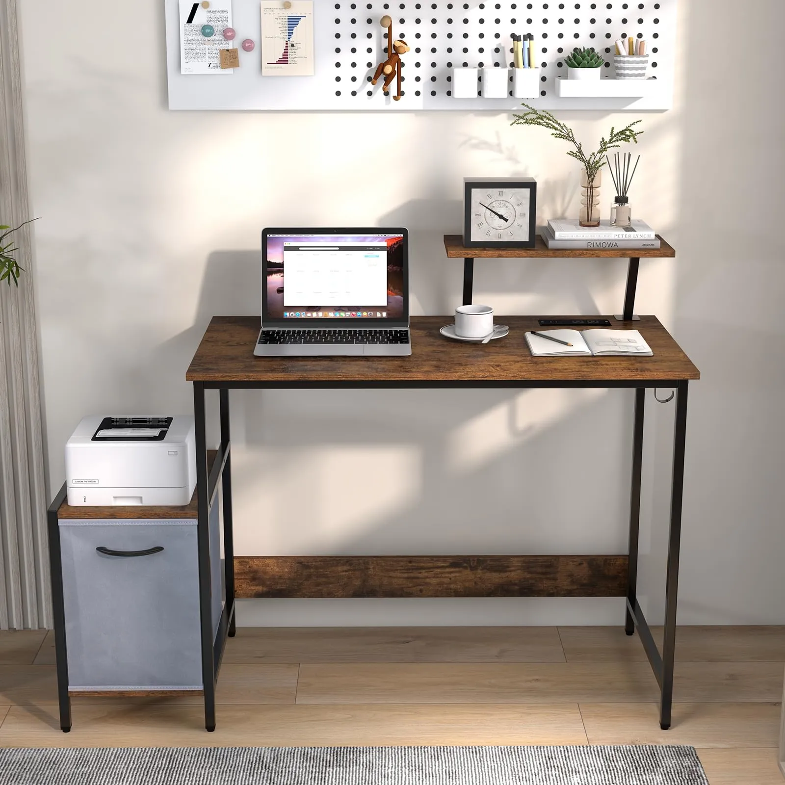 Computer Desk with Reversible Fabric Drawer & Moveable Shelf (Black & Rustic Brown)