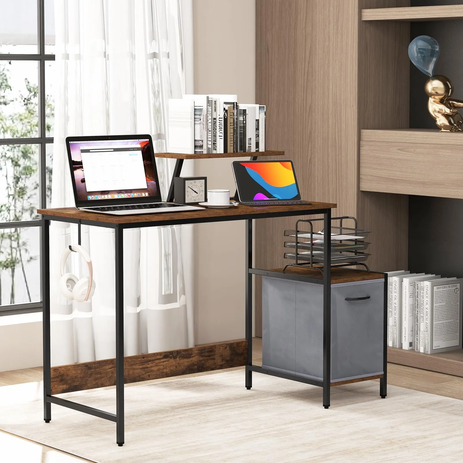 Computer Desk with Reversible Fabric Drawer & Moveable Shelf (Black & Rustic Brown)