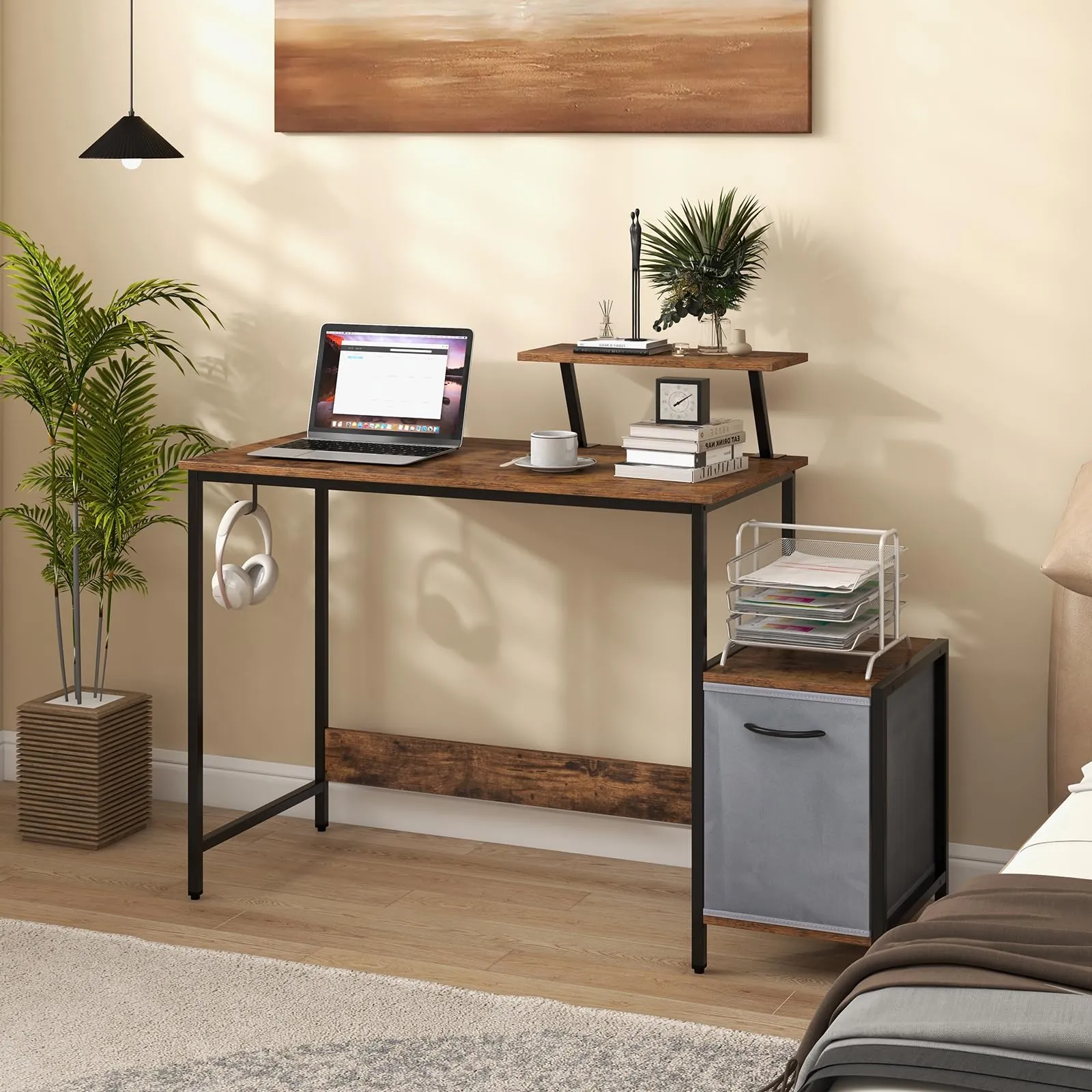 Computer Desk with Reversible Fabric Drawer & Moveable Shelf (Black & Rustic Brown)