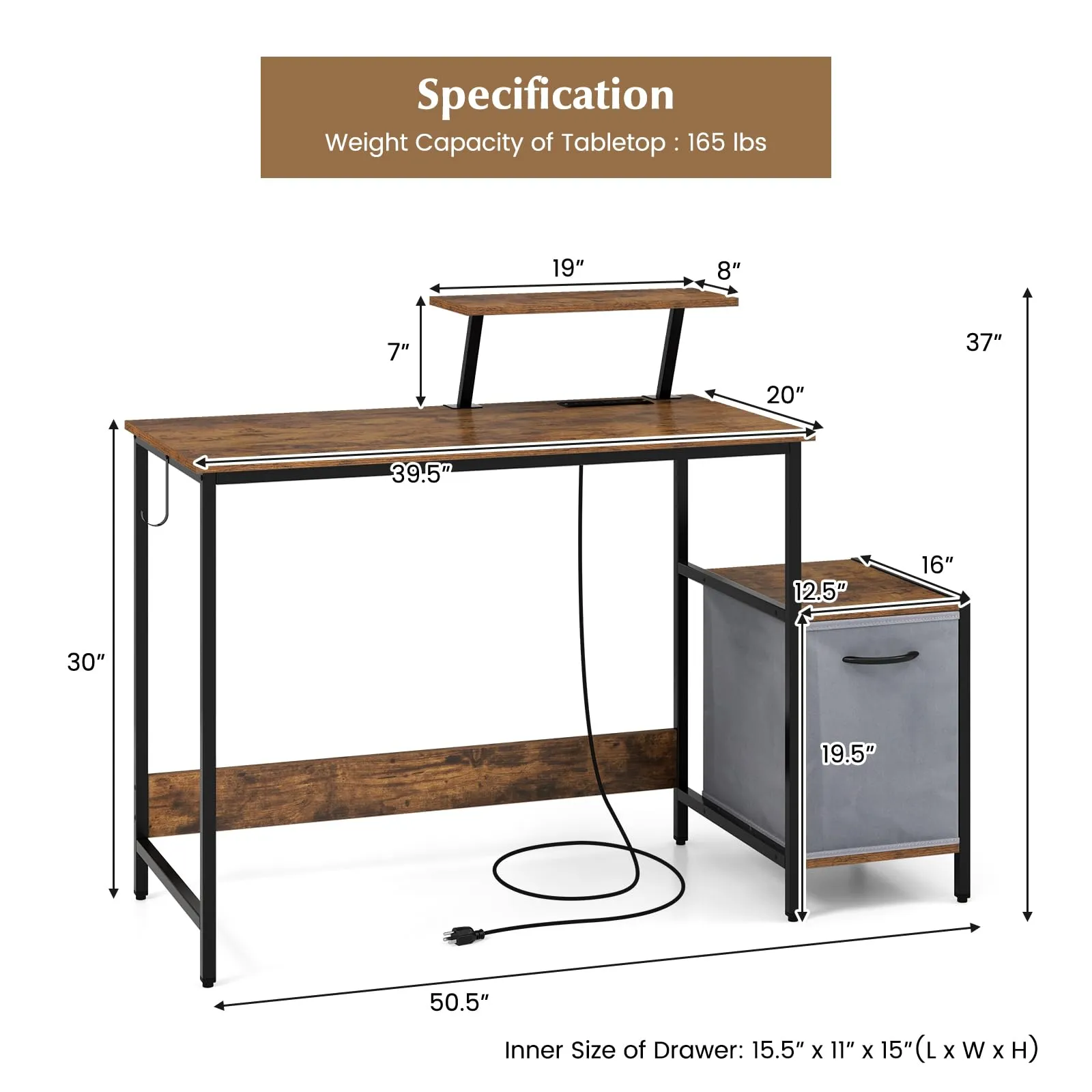 Computer Desk with Reversible Fabric Drawer & Moveable Shelf (Black & Rustic Brown)