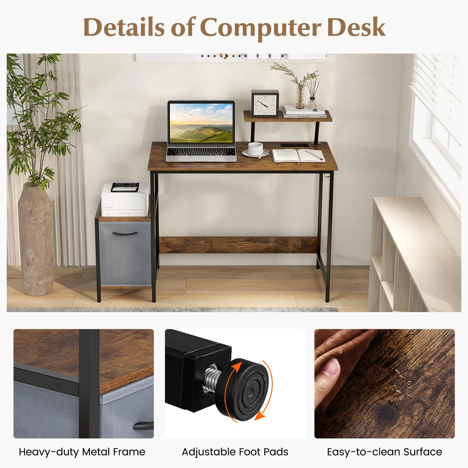 Computer Desk with Reversible Fabric Drawer & Moveable Shelf (Black & Rustic Brown)