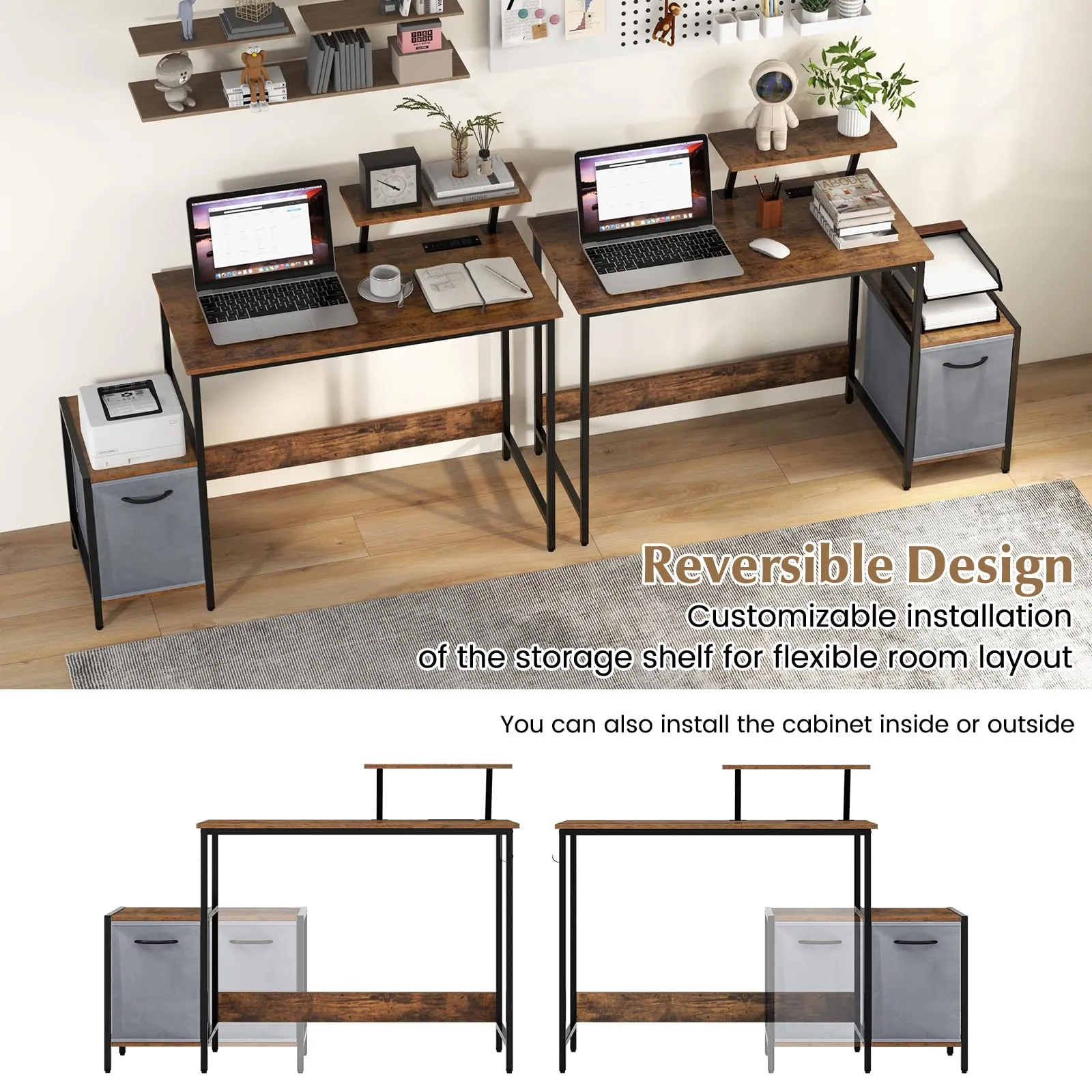 Computer Desk with Reversible Fabric Drawer & Moveable Shelf (Black & Rustic Brown)