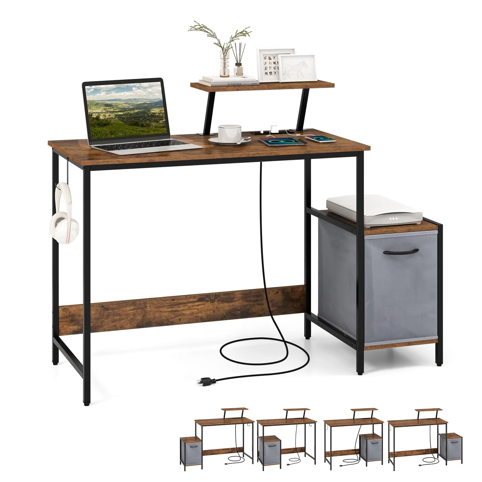 Computer Desk with Reversible Fabric Drawer & Moveable Shelf (Black & Rustic Brown)