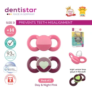 Dentistar Tooth-friendly Day & Night Pacifier Size 3 Set with Sterilization Box - Pink & Heart (14  months)