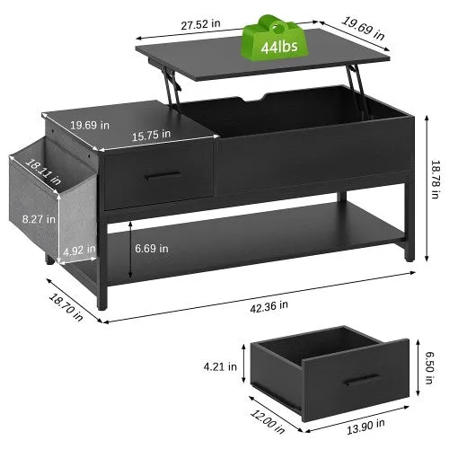 Elegant Lift Top Coffee Table with Storage Drawer, Hidden Compartment, Side Pouch for Home, Living Room | Heavy Duty (Black)