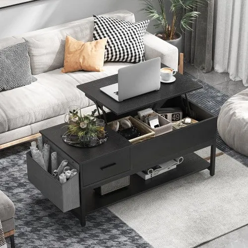 Elegant Lift Top Coffee Table with Storage Drawer, Hidden Compartment, Side Pouch for Home, Living Room | Heavy Duty (Black)