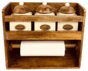 Elegant Wooden Kitchen Roll Holder with 3 Airtight Ceramic Jars - TEA, COFFEE & SUGAR | Stylish & Functional Kitchen Organizer