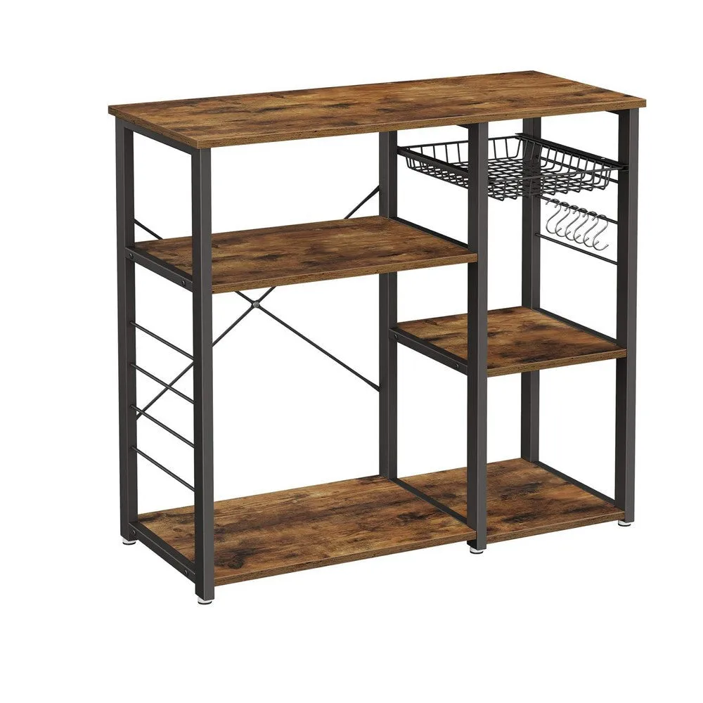 Elva 35 Inch Kitchen Rack, 4 Tier Shelves, Wire Basket, Brown, Black Iron By Casagear Home