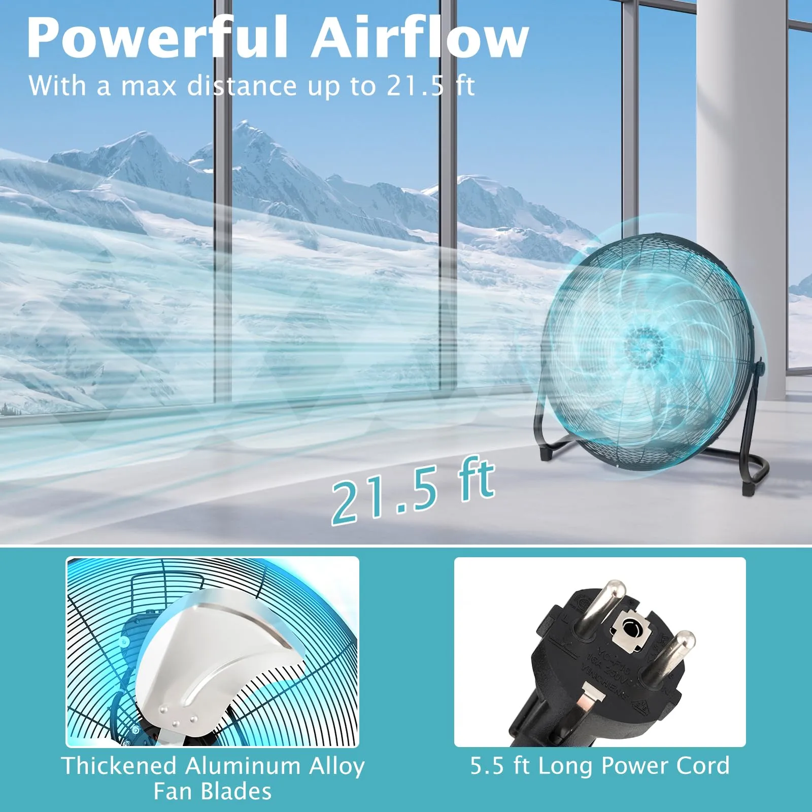 Floor Fan, 20-inch High Velocity Floor Fan with 145° Adjustable Tilt, 3-speed Adjustable