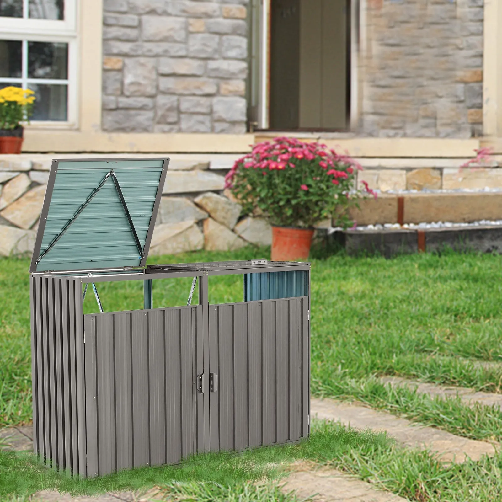 Garbage Bin Shed, 2 Trash Cans Metal Outdoor Bin Shed for Garbage, Grey