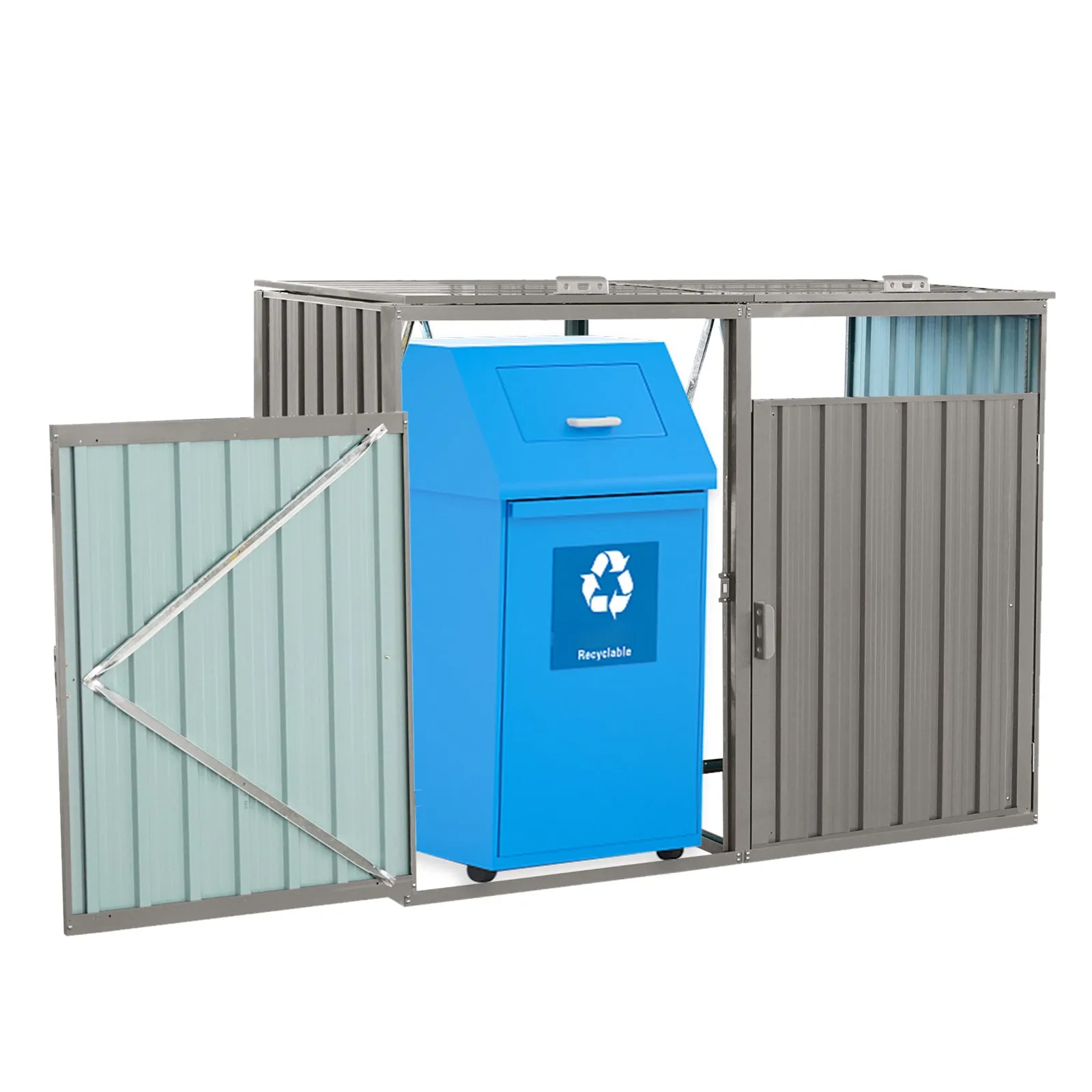 Garbage Bin Shed, 2 Trash Cans Metal Outdoor Bin Shed for Garbage, Grey