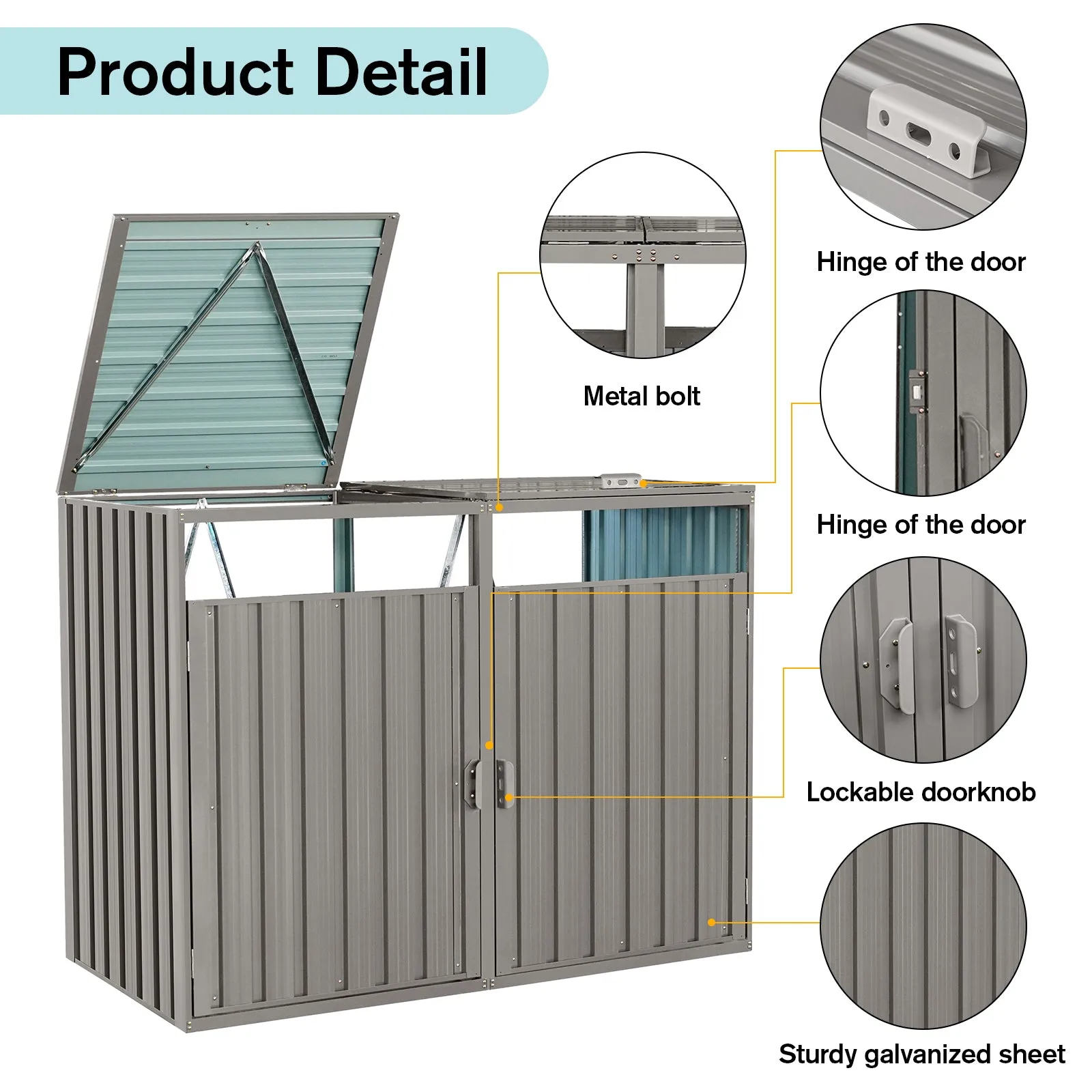 Garbage Bin Shed, 2 Trash Cans Metal Outdoor Bin Shed for Garbage, Grey