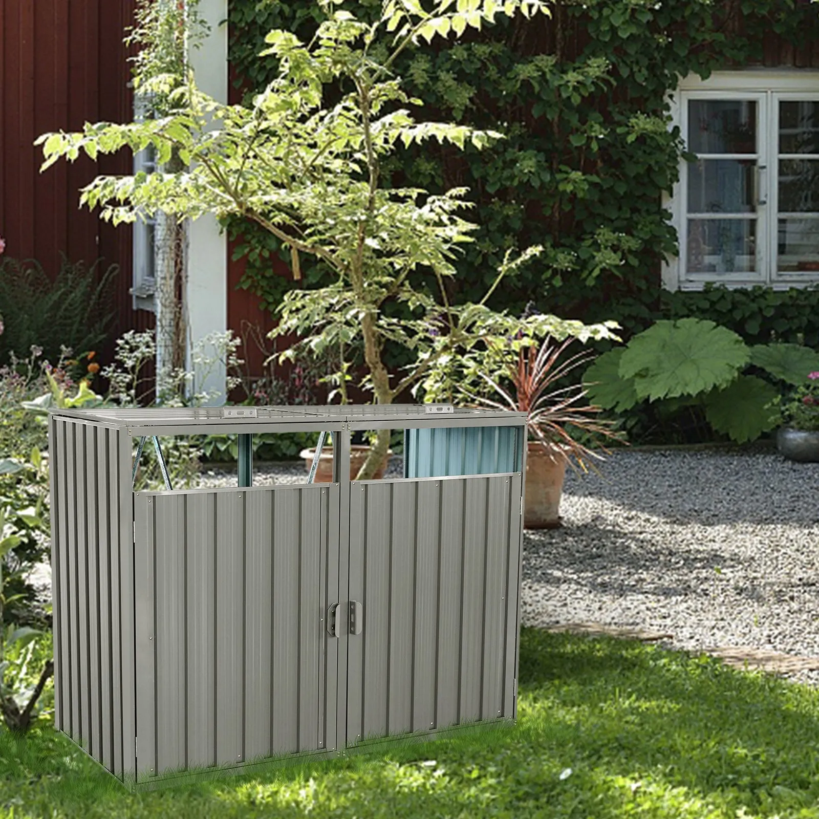 Garbage Bin Shed, 2 Trash Cans Metal Outdoor Bin Shed for Garbage, Grey