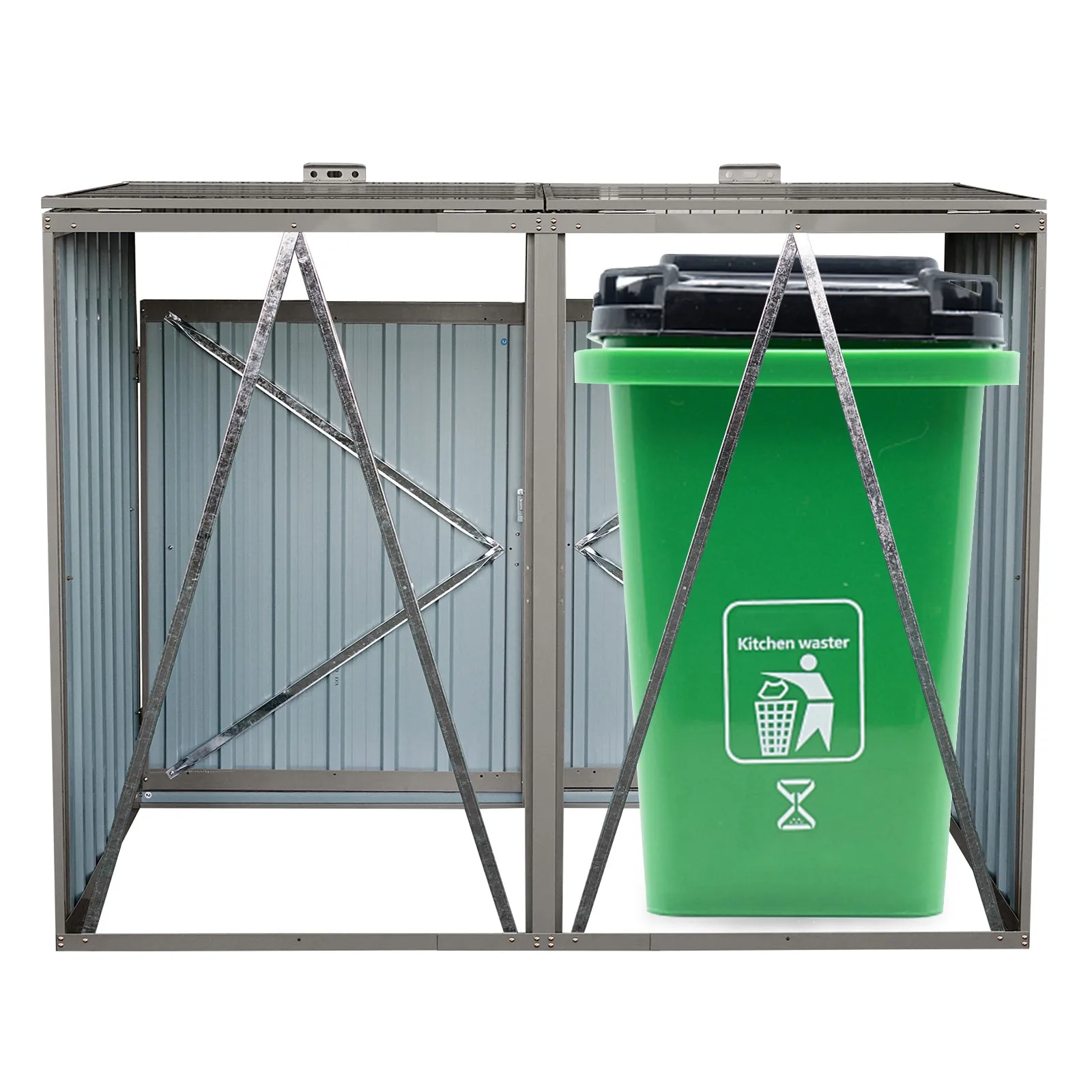 Garbage Bin Shed, 2 Trash Cans Metal Outdoor Bin Shed for Garbage, Grey