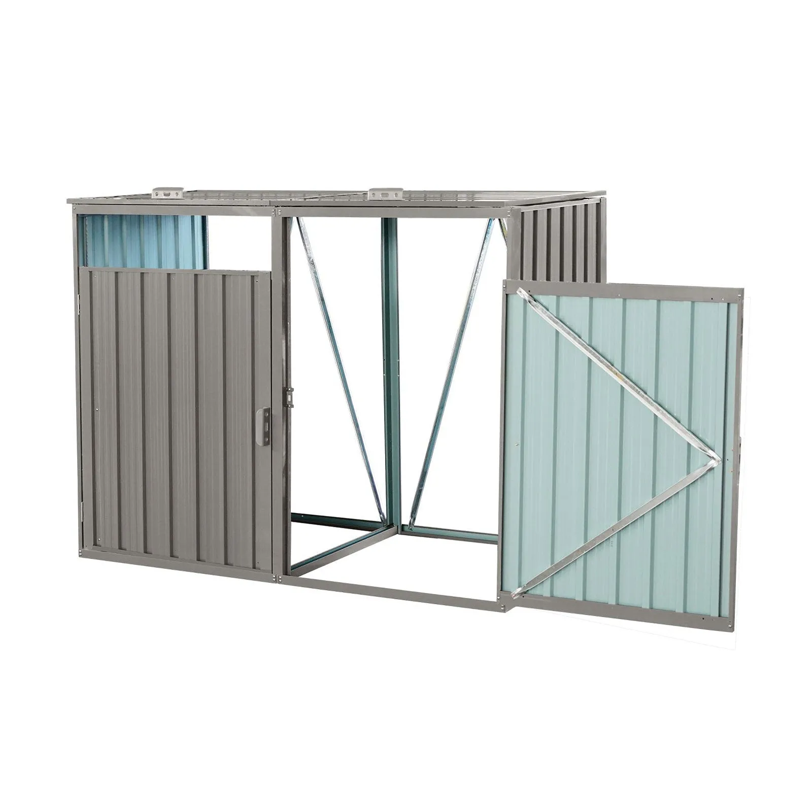 Garbage Bin Shed, 2 Trash Cans Metal Outdoor Bin Shed for Garbage, Grey