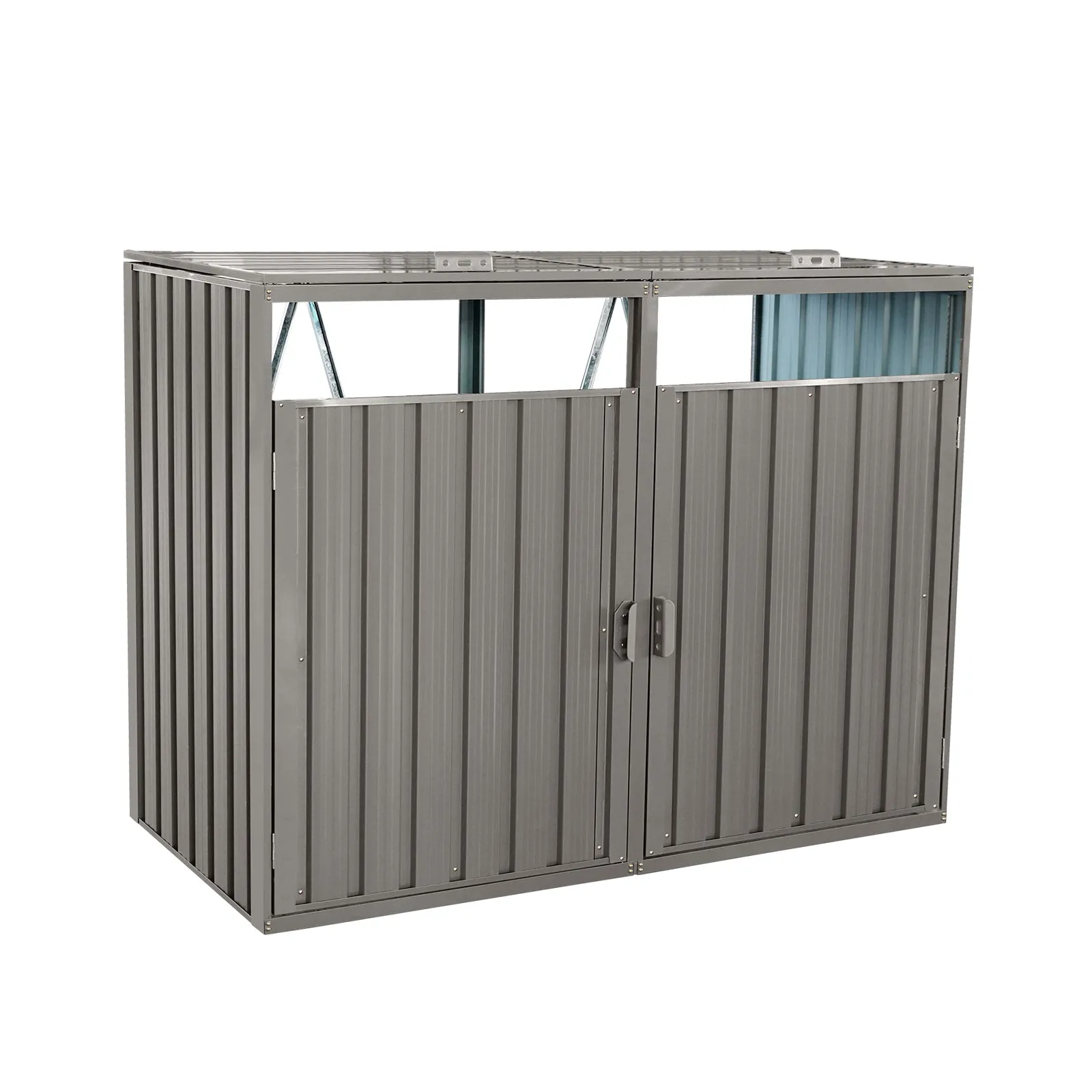 Garbage Bin Shed, 2 Trash Cans Metal Outdoor Bin Shed for Garbage, Grey