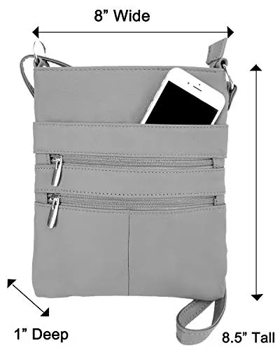 Grey Mini Cross Body Purse Adjustable Strap Multi Pocket Double Zipper Handbag Designed in the U.S.A.