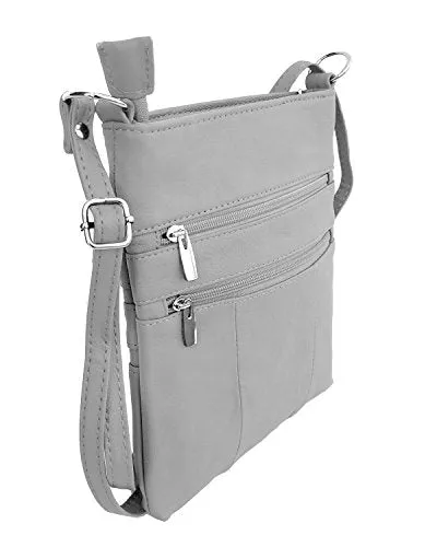 Grey Mini Cross Body Purse Adjustable Strap Multi Pocket Double Zipper Handbag Designed in the U.S.A.