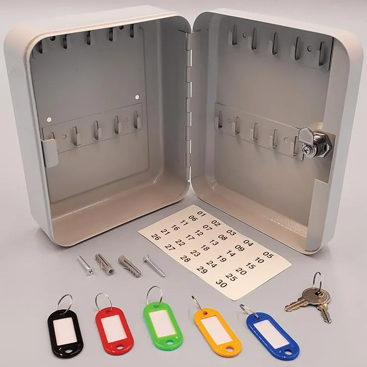 Key Control Cabinets for Automotive Key Management - Gray Steel Cabinets with Secure Lock System - Includes Key Fobs, Key Rings, and Numbered Stickers - 20 Key Capacities